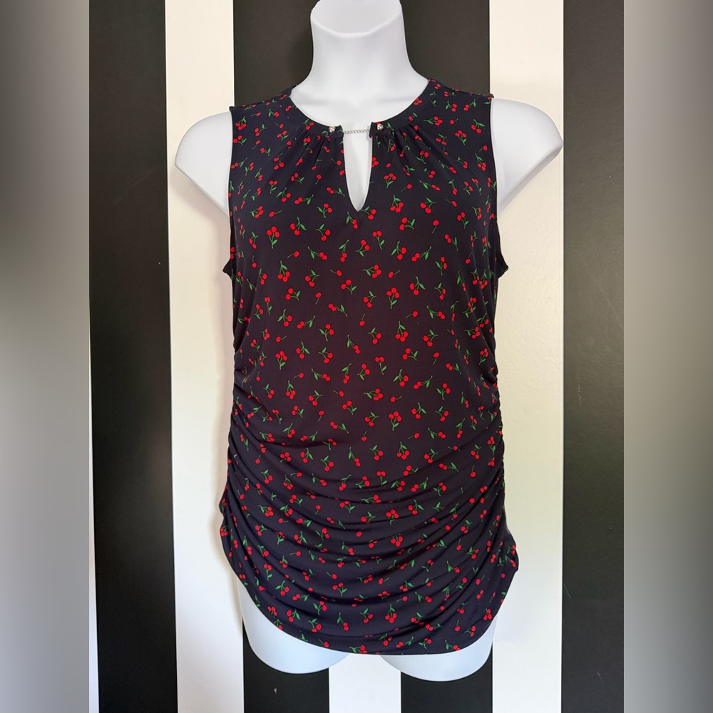 Sleeveless Navy Blue and Red Cherry Print Ruched Top w/ Keyhole Detail - SZ L